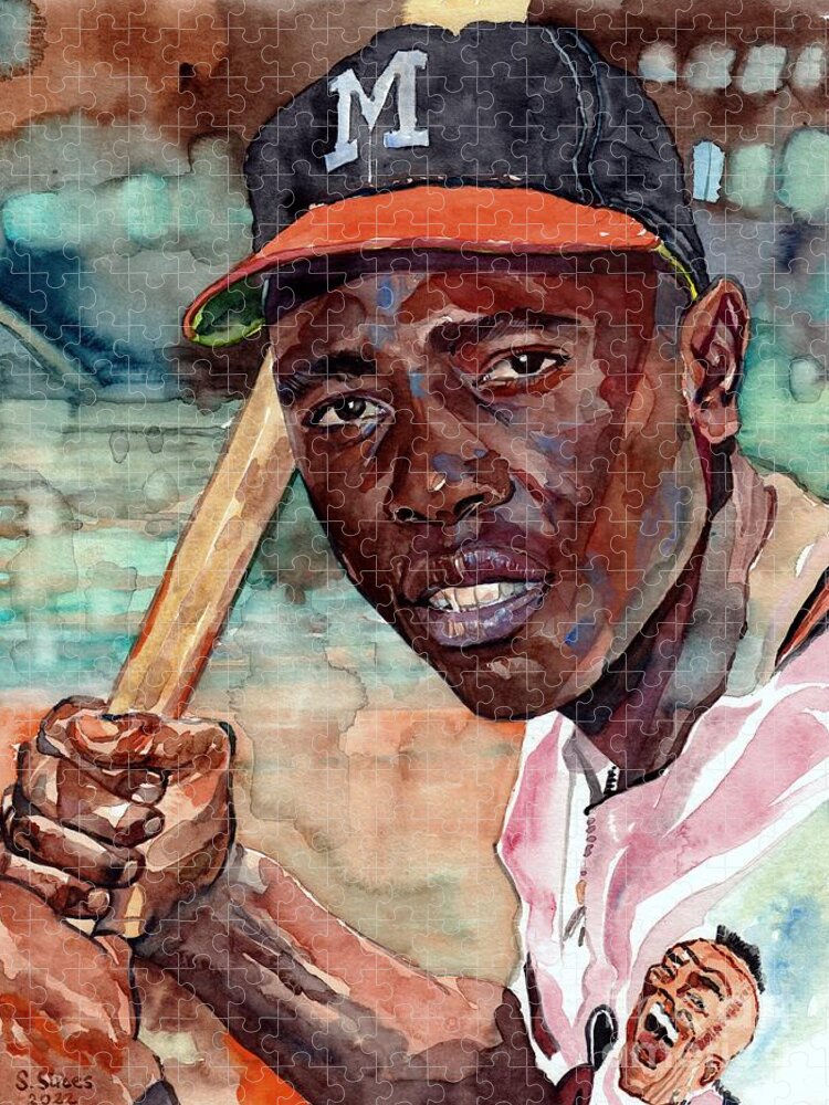 Hank Aaron Jigsaw Puzzle featuring the painting Hank Aaron Watercolor by Suzann Sines