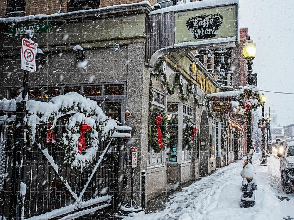 Boston Jigsaw Puzzle featuring the photograph Hanover Street Christmas Snowstorm North End Boston MA by Toby McGuire