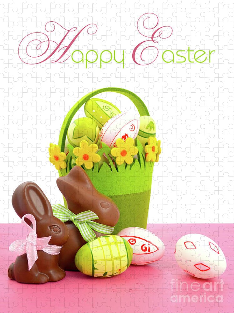 Easter Jigsaw Puzzle featuring the photograph Happy Easter chocolate bunny rabbits with basket of pink, white and green eggs by Milleflore Images