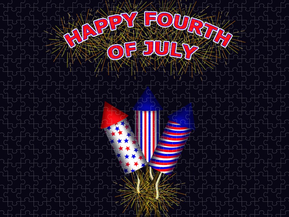 Fourth Of July Jigsaw Puzzle featuring the digital art Happy Fourth Of July Fire Works by Colleen Cornelius