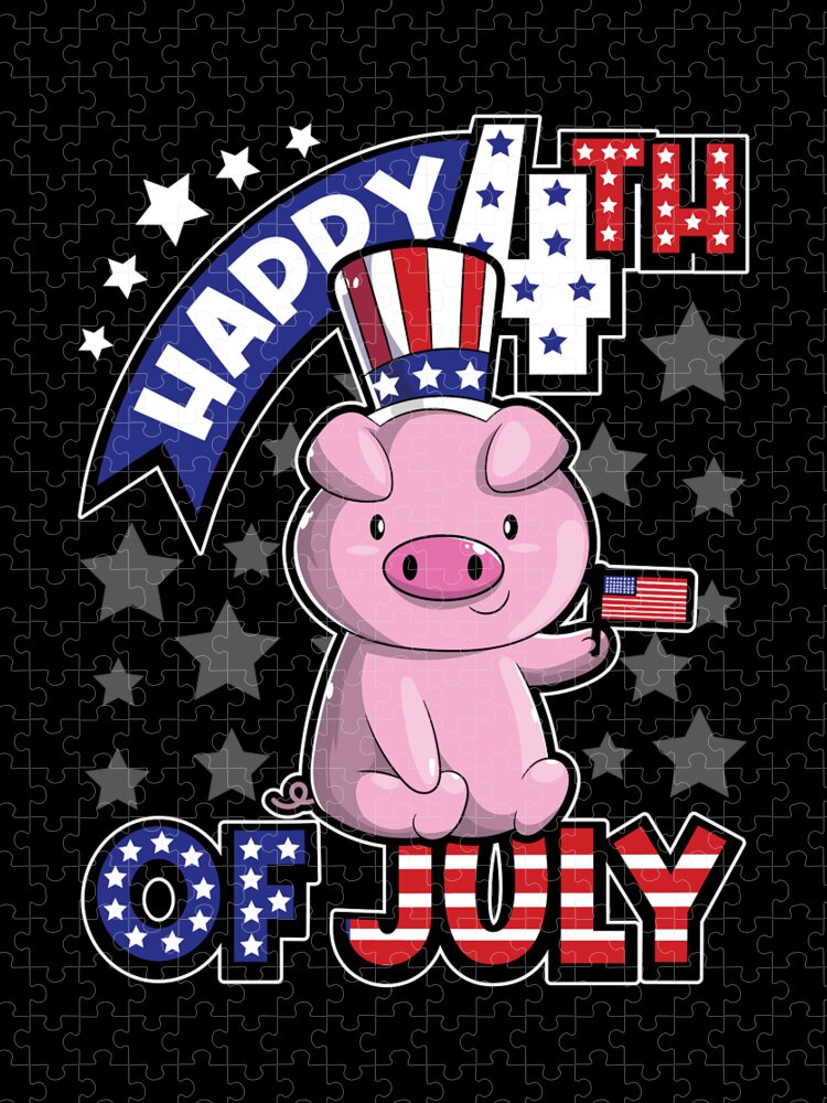 4th Of July Jigsaw Puzzle featuring the digital art Happy Fourth Of July Pig with USA Flag by Mister Tee