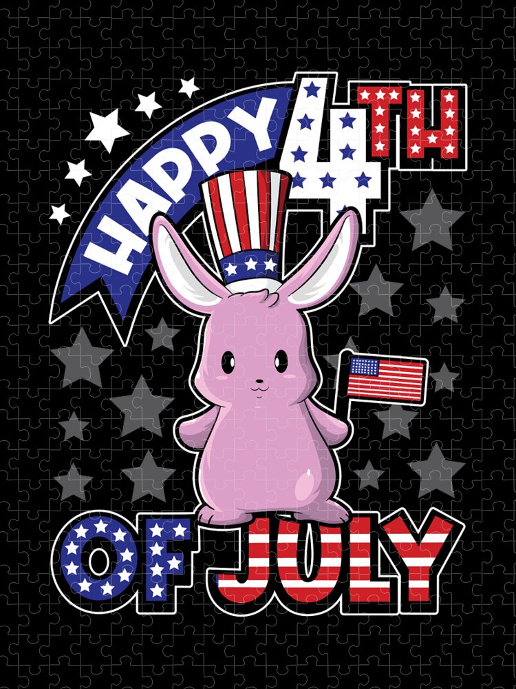 4th Of July Jigsaw Puzzle featuring the digital art Happy Fourth Of July Rabbit USA Flag by Mister Tee