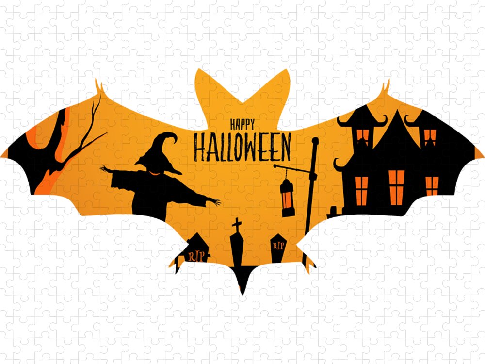 Drawing Jigsaw Puzzle featuring the digital art Happy Halloween Isolated Bat Silhouette, Halloween Graphic Design by Mounir Khalfouf