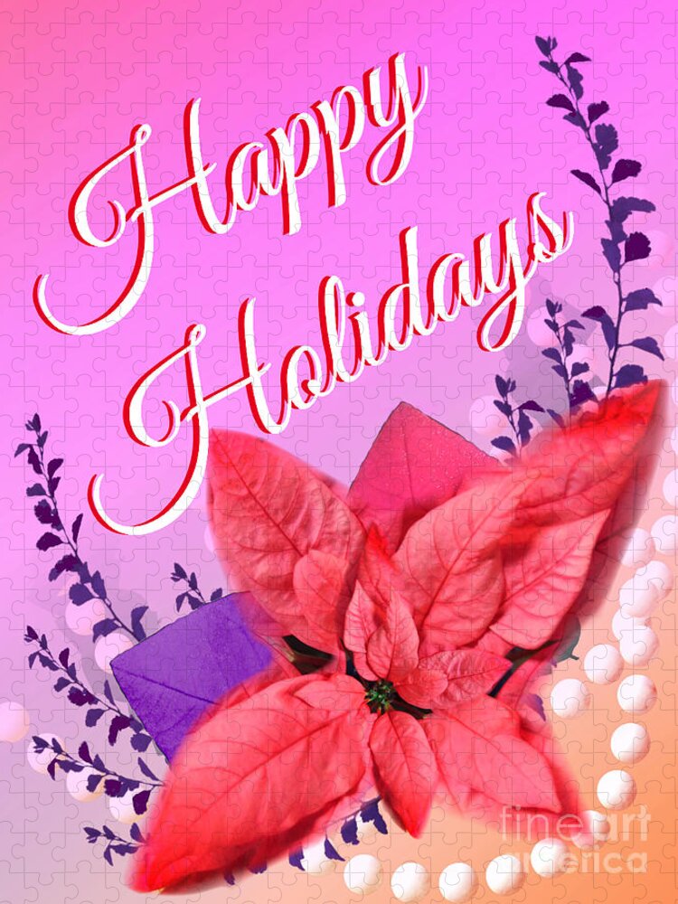 Pink Jigsaw Puzzle featuring the digital art Happy Holiday Poinsettia Card by Delynn Addams