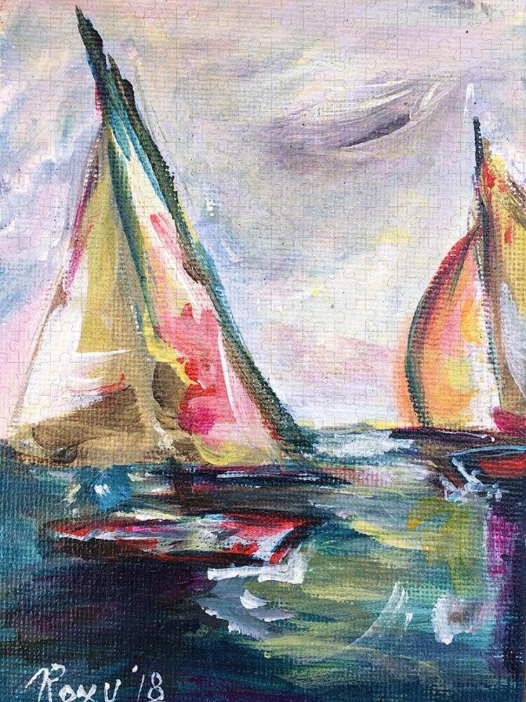 Abstract Boats Jigsaw Puzzle featuring the painting Happy Sails by Roxy Rich