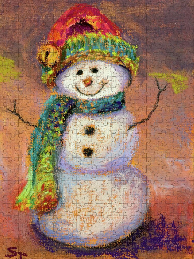 Snowman Jigsaw Puzzle featuring the pastel Happy Snowman by Susan Jenkins