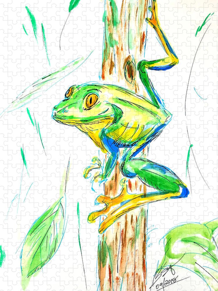 Frog Jigsaw Puzzle featuring the mixed media Happy Tree Frog by Brent Knippel