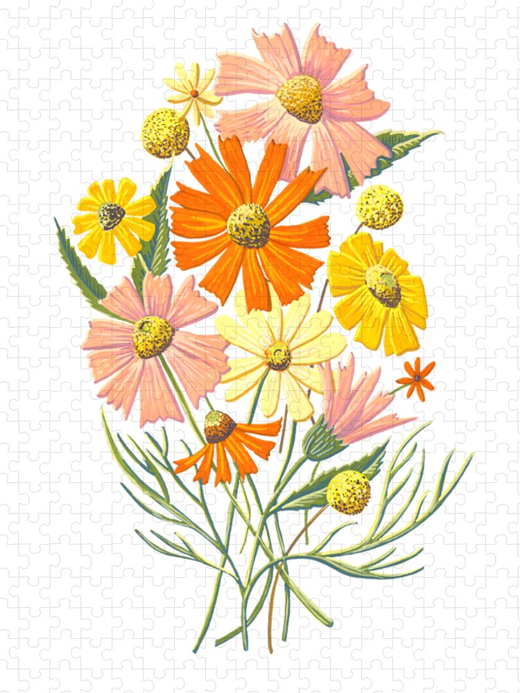 Wildflowers Jigsaw Puzzle featuring the painting Happy Wildflowers on Ice Blue Stripes - Art by Jen Montgomery by Jen Montgomery
