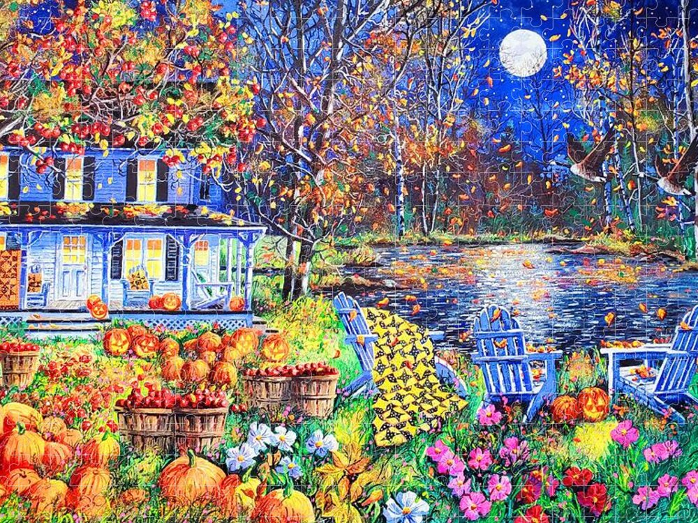Harvest Moon Featuring A Full Moon On A Halloween Evening Jigsaw Puzzle featuring the painting Harvest Moon by Diane Phalen