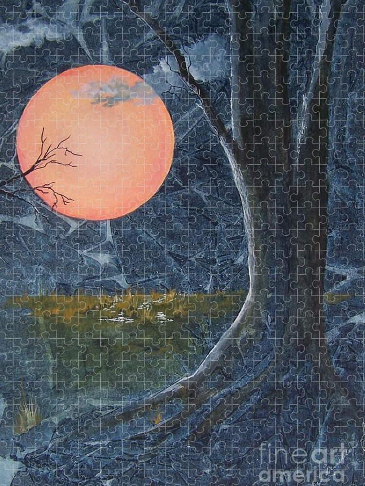 Moon Jigsaw Puzzle featuring the painting Harvest Moon - The Fields by Jackie Mueller-Jones