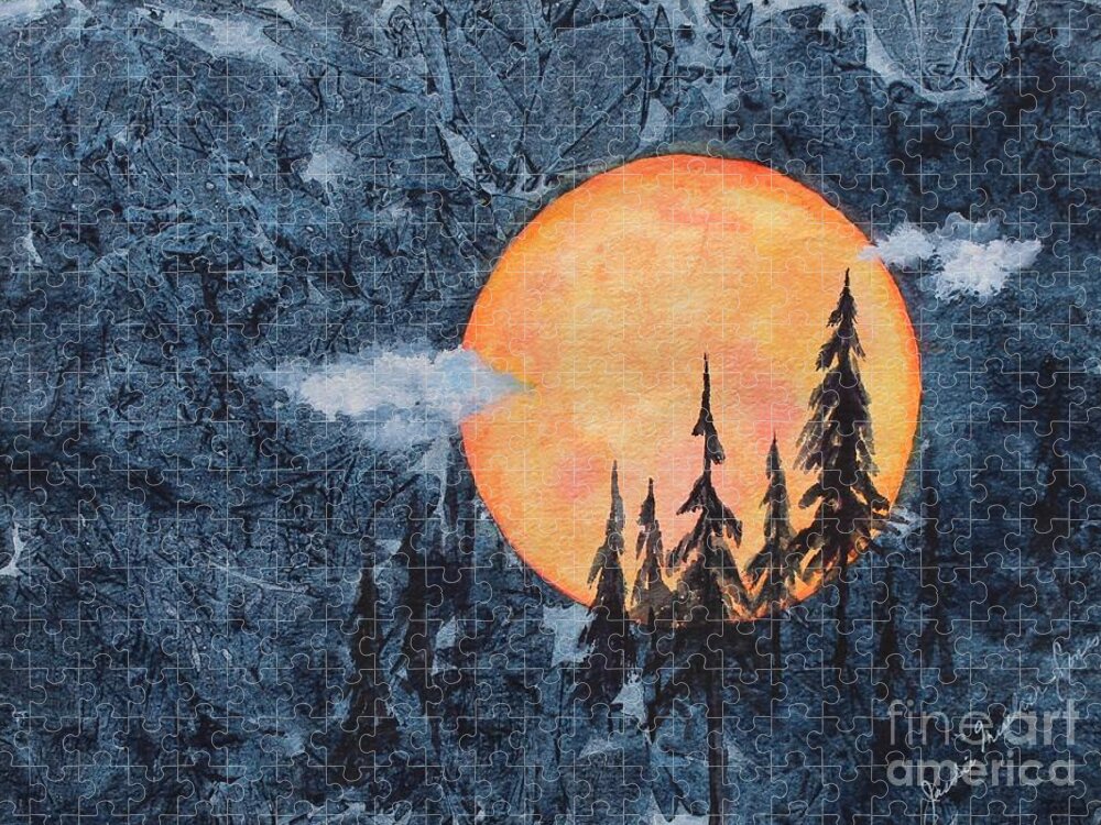 Moon Jigsaw Puzzle featuring the painting Harvest Moon - The Forest by Jackie Mueller-Jones