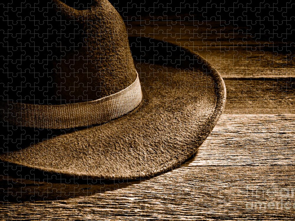 Cowboy Jigsaw Puzzle featuring the photograph Hat - Sepia by Olivier Le Queinec
