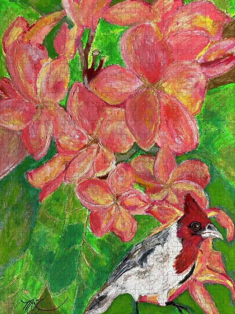 Flowers Jigsaw Puzzle featuring the painting Hawaiian Red Cardinal in Plumeria by Melody Fowler
