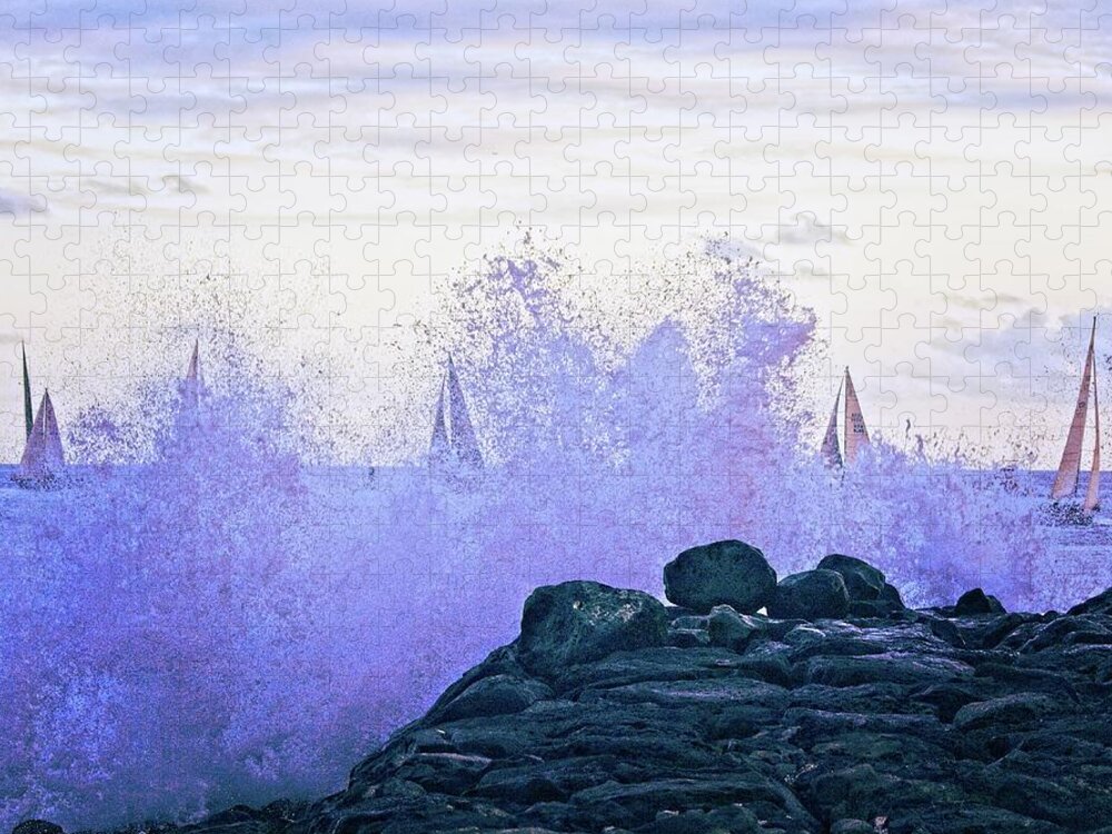 Surreal Jigsaw Puzzle featuring the photograph Hawaiian Surf And Sails by David Desautel