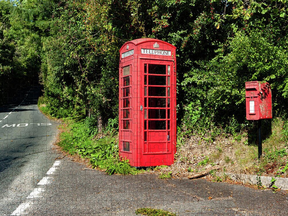 Hawkmoor Cottages Red Telephone Box Dartmoor Jigsaw Puzzle featuring the photograph Hawkmoor Cottages Red Telephone Box Dartmoor by Helen Jackson