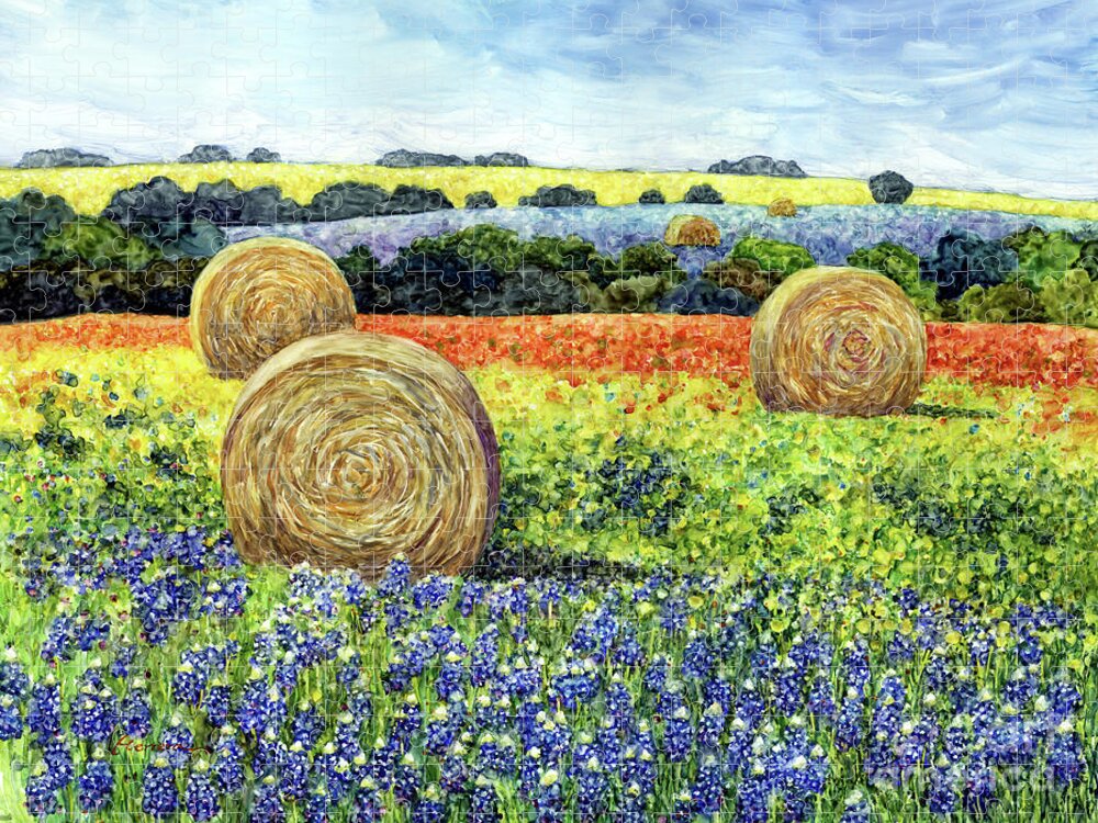 Bluebonnet Jigsaw Puzzle featuring the painting Hay bales and Wildflowers by Hailey E Herrera
