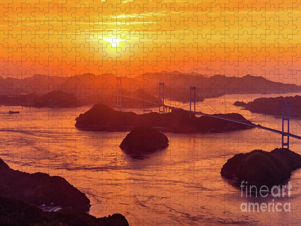 Sunset Jigsaw Puzzle featuring the photograph Hazy sunset on Kurushima Kaikyo Bridge and Kurushima Strait by Lyl Dil Creations