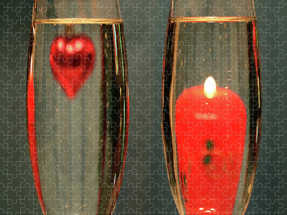 Champagne Jigsaw Puzzle featuring the photograph Heart And Candle In Glasses With Champagne by Mikhail Kokhanchikov