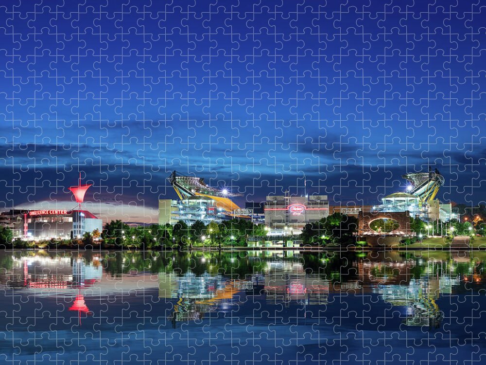 Carnegie Science Center Jigsaw Puzzle featuring the photograph Heinz Field and Carnegie Science Center at night by Steven Heap