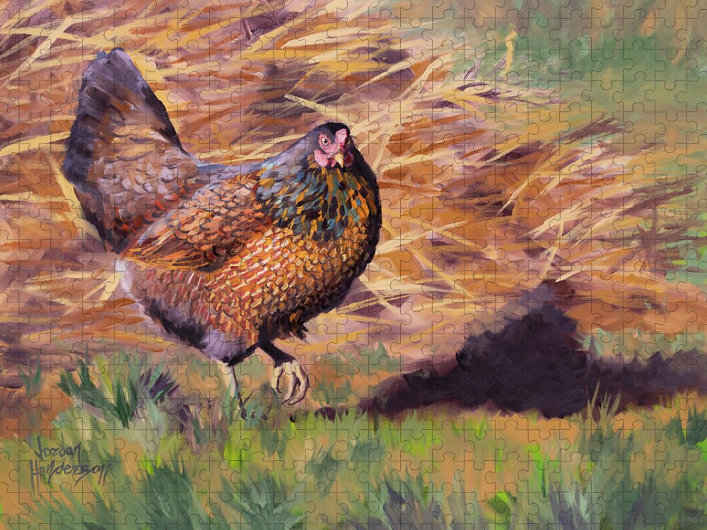 Chicken Jigsaw Puzzle featuring the painting Hen by the Compost Pile by Jordan Henderson
