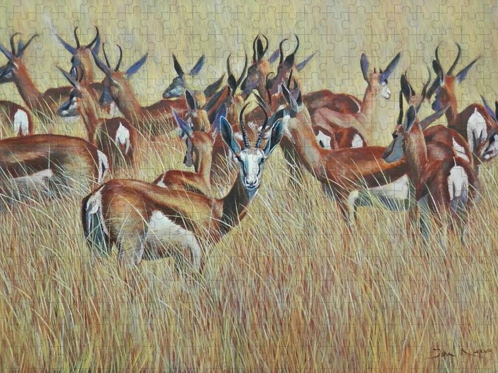 Springbok Jigsaw Puzzle featuring the painting Herd of Springbok by John Neeve