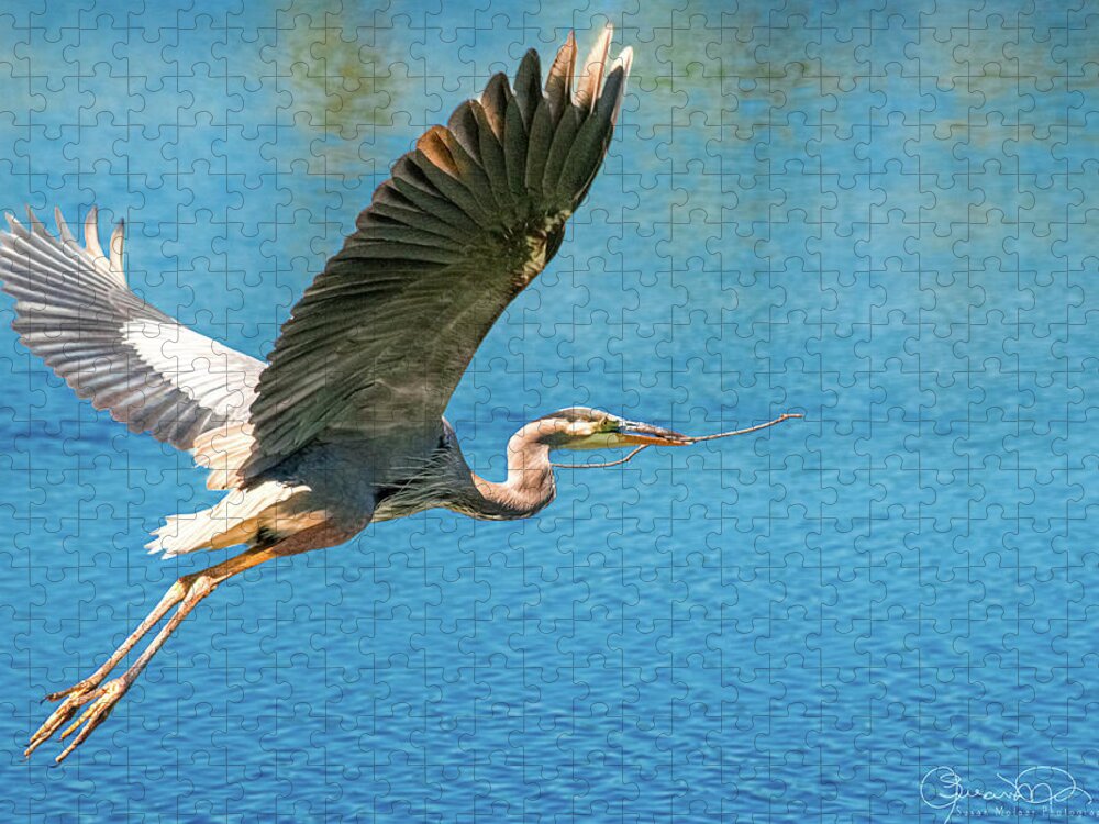 Heron Building Nest Jigsaw Puzzle featuring the photograph Heron Bearing Gifts by Susan Molnar