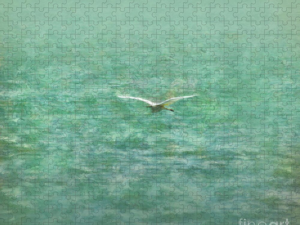 Heron Jigsaw Puzzle featuring the painting Heron over lake by Alexa Szlavics