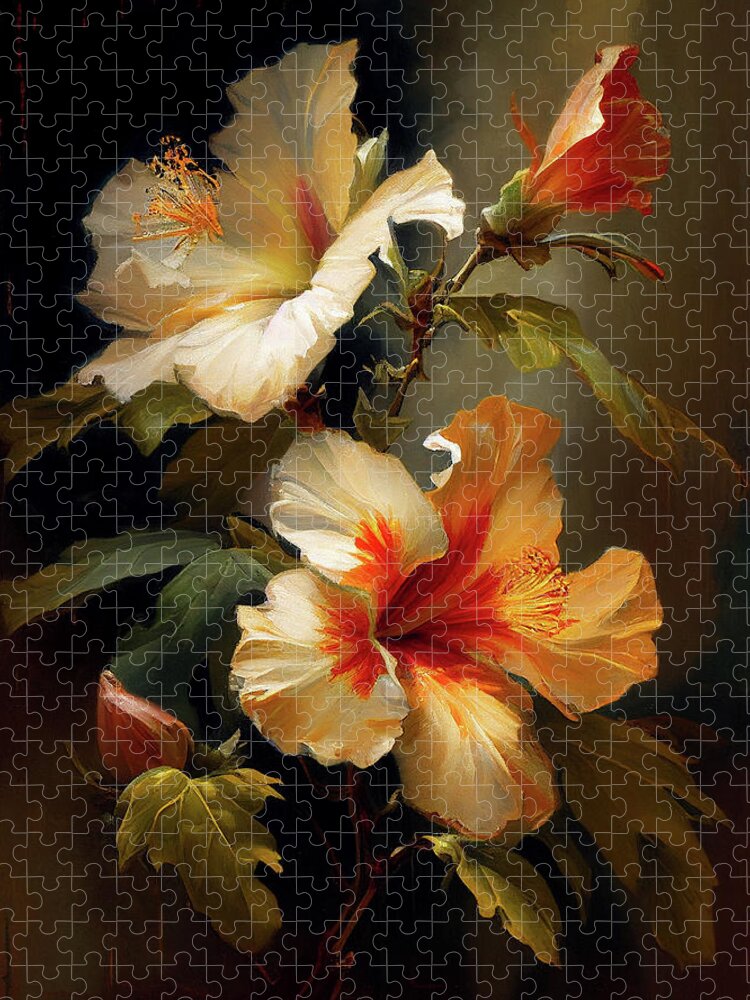 Hibiscus Jigsaw Puzzle featuring the painting Hibiscus I by Naxart Studio