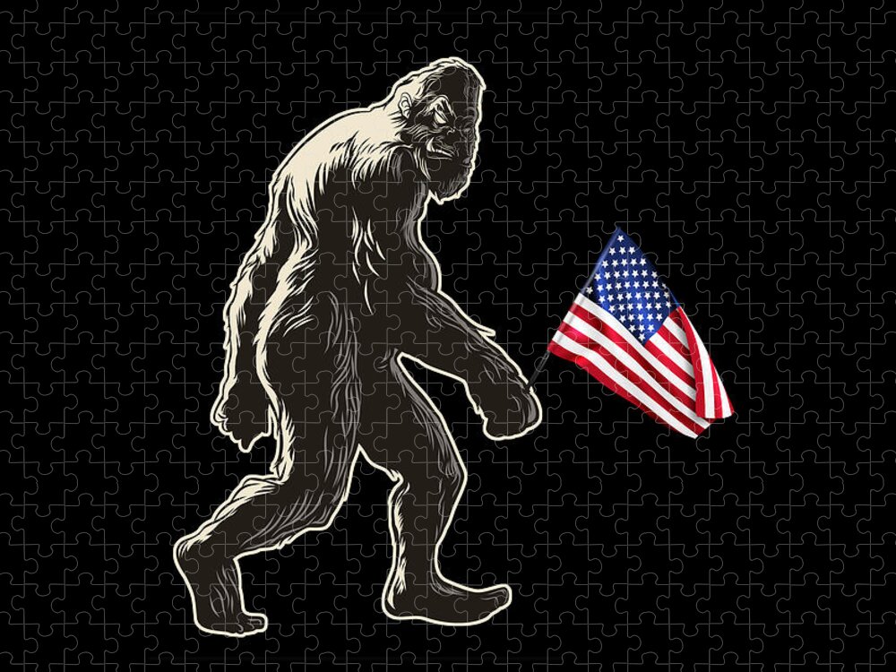 T Shirt Jigsaw Puzzle featuring the painting Hide and Seek World Champion USA Flag Shirt Bigfoot is Real Funny Tees Short-Sleeve Big Foot Flag by Tony Rubino