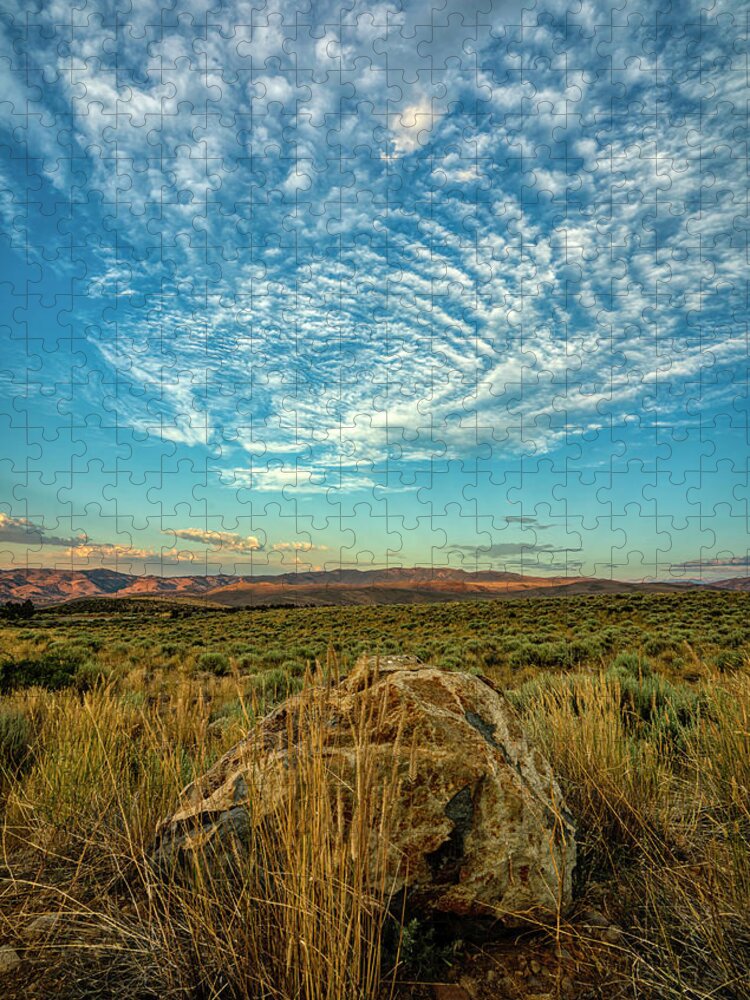 Sunset Jigsaw Puzzle featuring the photograph High Desert Cirrus Lightshow by Ron Long Ltd Photography