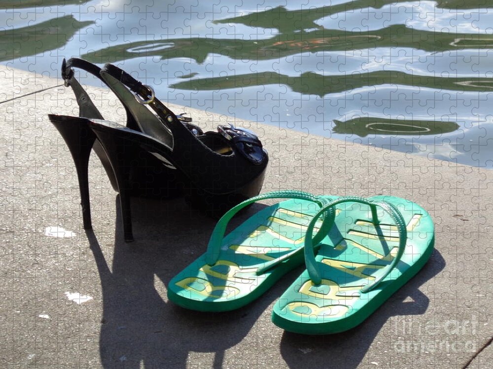 Shoe Jigsaw Puzzle featuring the photograph High Heels vs. Bathing Slippers by Thomas Schroeder