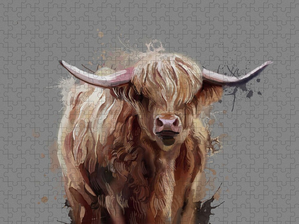 Buffalo Jigsaw Puzzle featuring the digital art Highland Cattle Watercolor V2 by Bekim M