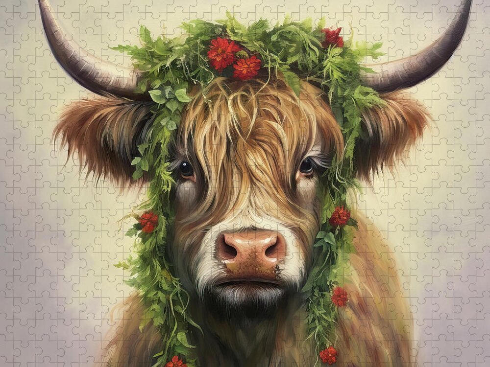 Christmas Jigsaw Puzzle featuring the painting Highland Christmas Cow by Tina LeCour