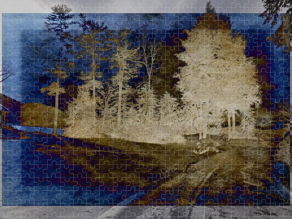 Trees Jigsaw Puzzle featuring the digital art Highlighted Trees at the Lake by Russel Considine
