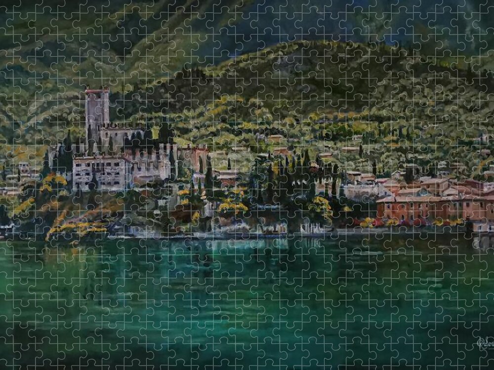 Lake Garda Jigsaw Puzzle featuring the painting Hills and castle by Raouf Oderuth