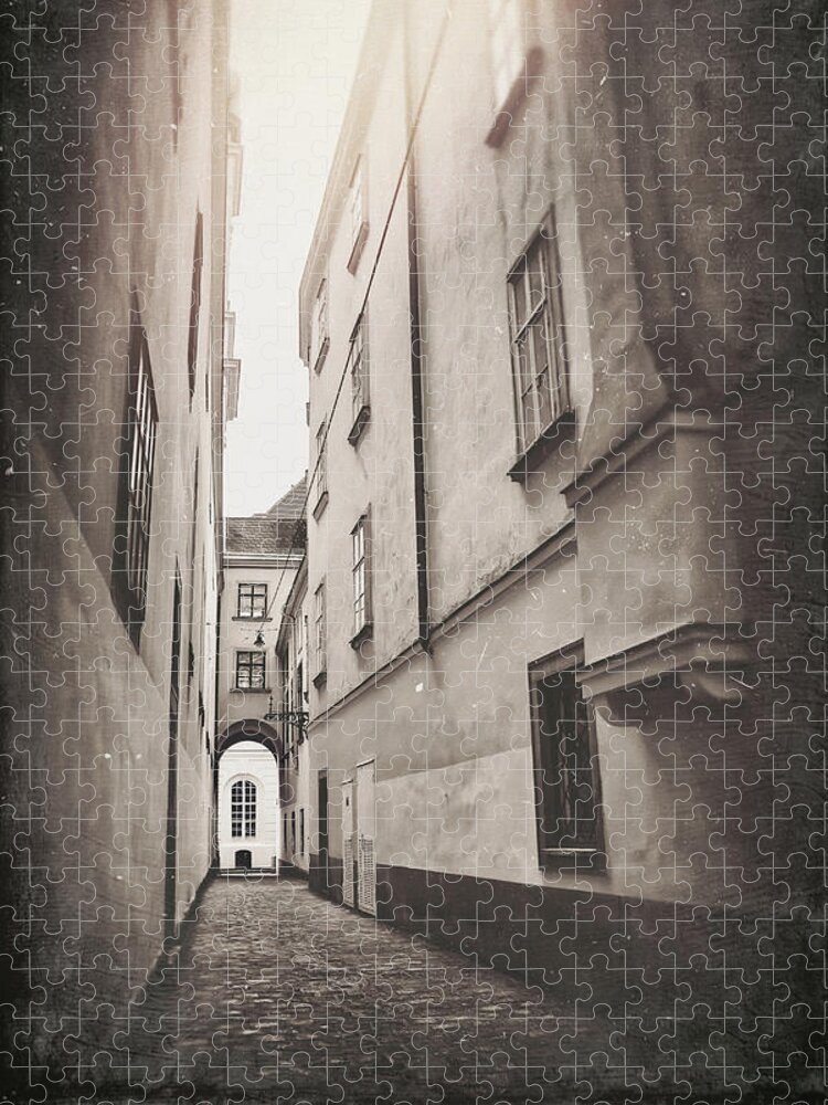 Vienna Jigsaw Puzzle featuring the photograph Historic Cobblestone Streets of Old Vienna Austria Vintage Sepia by Carol Japp