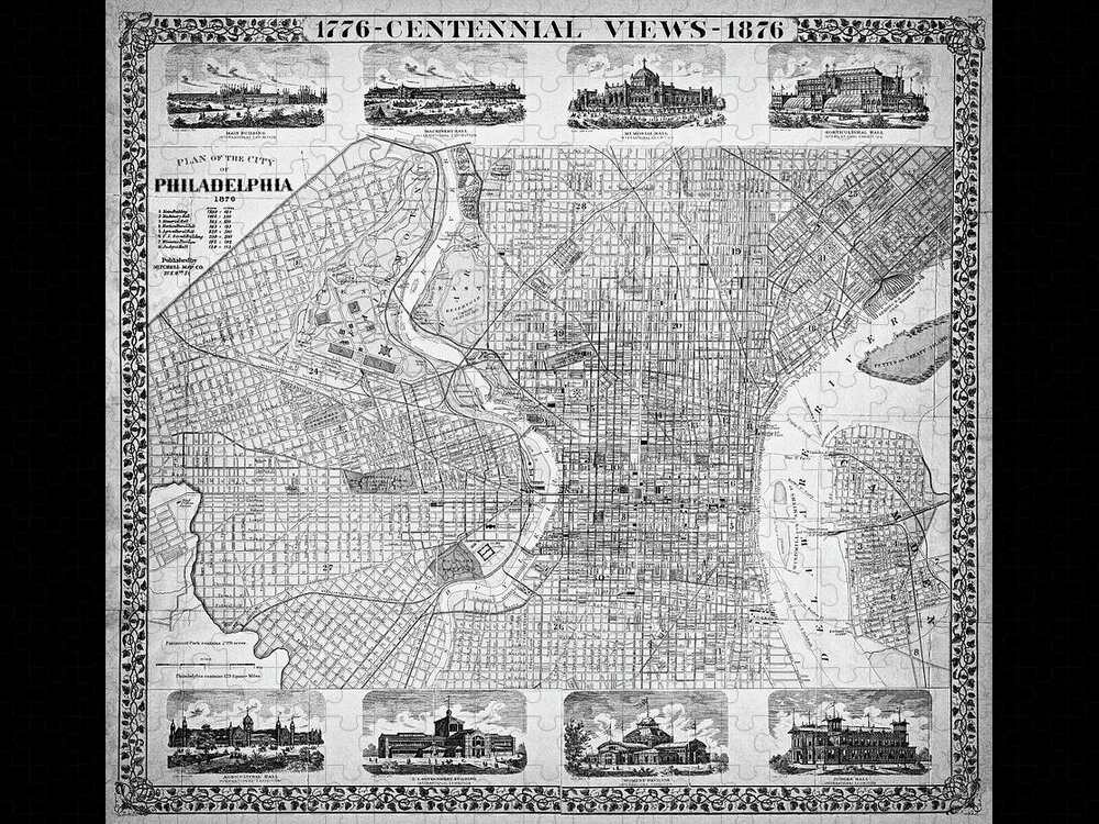Philadelphia Jigsaw Puzzle featuring the photograph Historic Map of Philadelphia Pennsylvania 1876 Black and White by Carol Japp