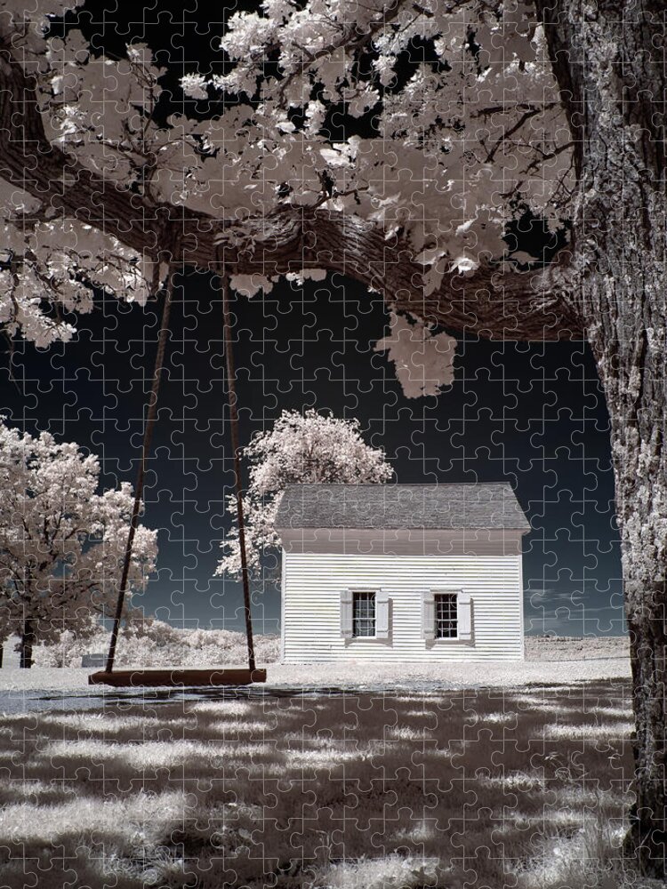 Hauge Jigsaw Puzzle featuring the photograph Historic Wisconsin Hauge Log Church and tree swing - vertical version - Daleyville WI by Peter Herman