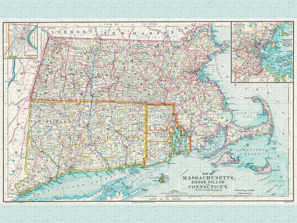 Massachusetts Map Jigsaw Puzzle featuring the photograph Historical Map of Massachusetts Rhode Island and Connecticut 1878 by Carol Japp