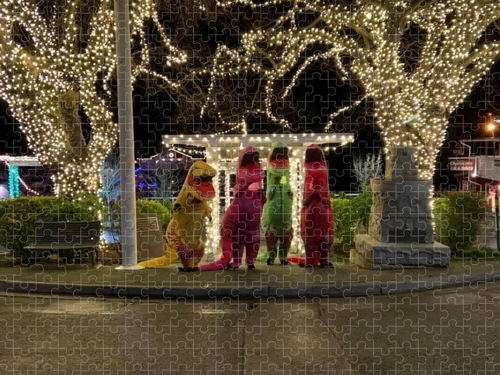 T-rex Jigsaw Puzzle featuring the photograph Holiday Lights and T-Rexes by Brenna Woods