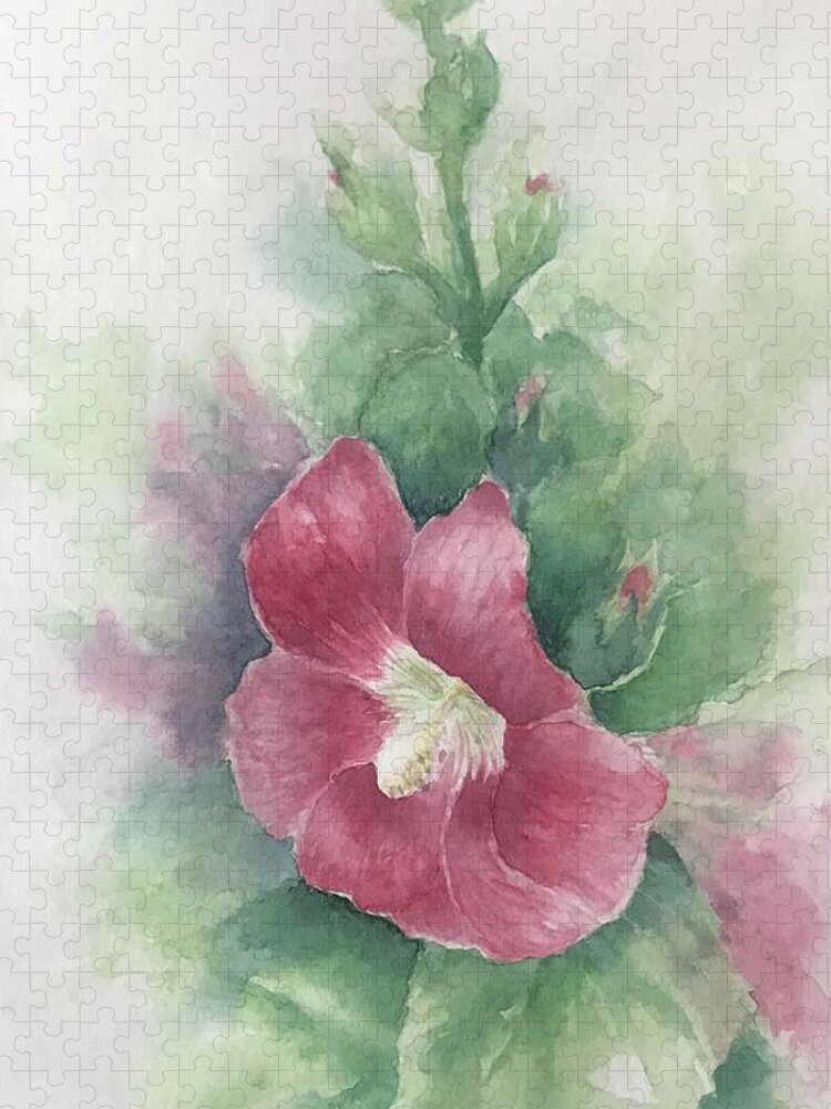 Hollyhocks Jigsaw Puzzle featuring the painting Hollyhocks by Milly Tseng