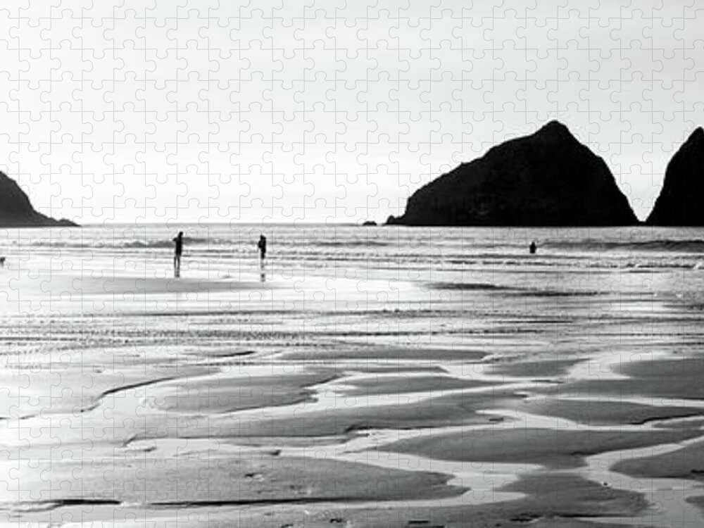 Cornwall Jigsaw Puzzle featuring the photograph Holywell Beach and Gull Rock Cornwall Coast black and white 2 by Sonny Ryse