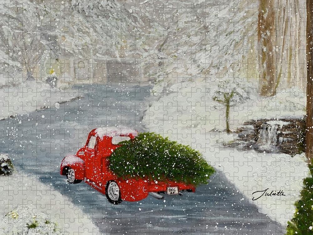 Red Truck Jigsaw Puzzle featuring the painting Home For Christmas by Juliette Becker