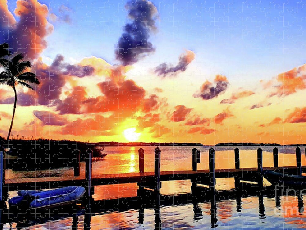 Islamorada Golden Glow Sunset Dock Boat Water Peace Serenity Happiness Blue Sky Palm Trees Reflections Eileen Kelly Artistic Aftermath Live Love Light Horizon Hope Grateful Jigsaw Puzzle featuring the digital art Hope on the Horizon by Eileen Kelly