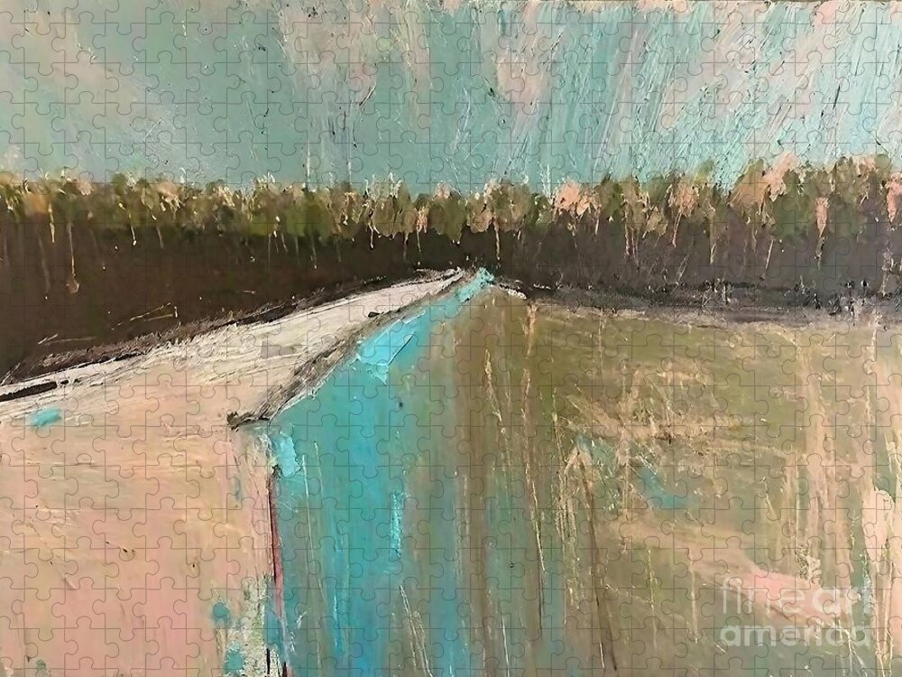 River Jigsaw Puzzle featuring the painting Horizon Painting river sand cardboard horizon small town industry landscape meadows peggy scholte abstract acrylic alcohol art artist artistic artwork backdrop background beautiful black bright by N Akkash