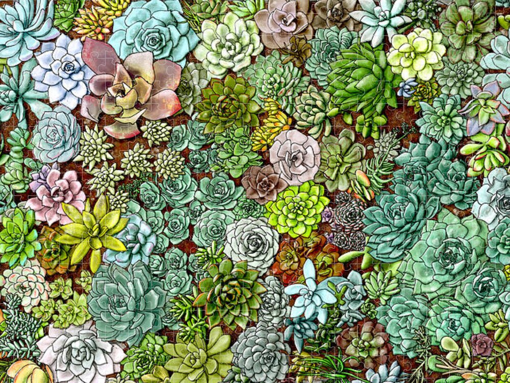 Succulent Wall Jigsaw Puzzle featuring the painting Horizontal Succulent Wall Art by Jen Montgomery Boho Chic Farmhouse Modern Decor by Jen Montgomery
