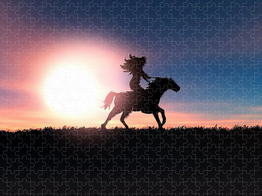Horse Jigsaw Puzzle featuring the painting Horse Rider Sunset The West by Tony Rubino