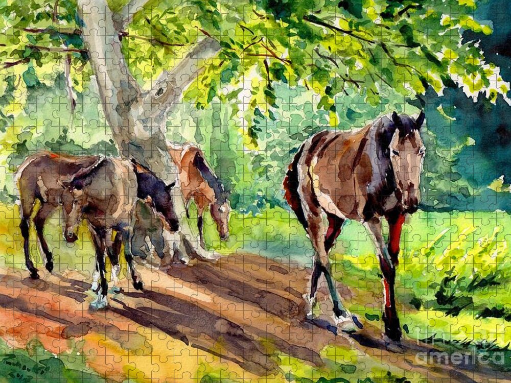 Grass Jigsaw Puzzle featuring the painting Horses At Grass by Suzann Sines