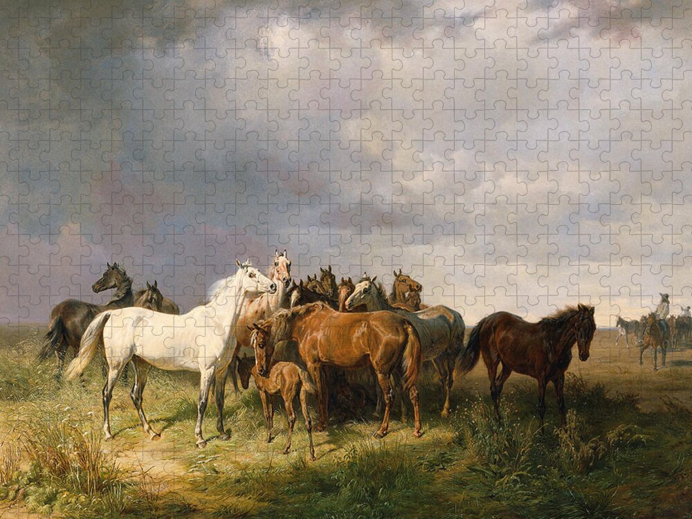 Franz Adam Jigsaw Puzzle featuring the painting Horses in the Puszta by Franz Adam