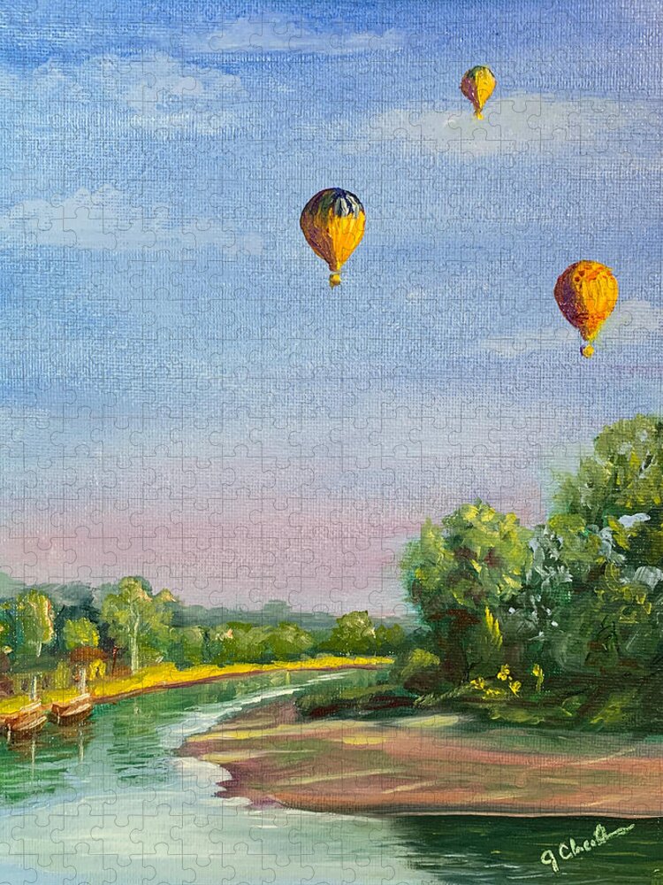 Dordogne River Jigsaw Puzzle featuring the painting Hot Air Balloons Over the Dordogne by Jan Chesler